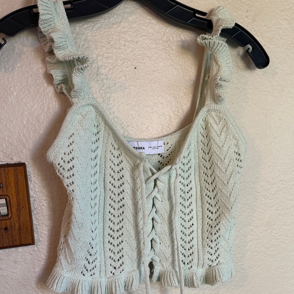 Bershka Mint Crochet Lace-Up Ruffled Cropped Camisole